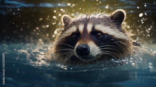 Funny racoon swimming under water in a summer pool, macro shot