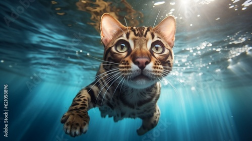 Funny bengal cat swimming under water in a summer pool, macro shot