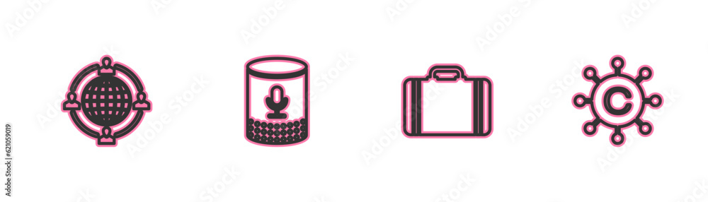 Set line Outsourcing concept, Suitcase for travel, Voice assistant and Copywriting network icon. Vector Set line Outsourcing concept, Suitcase for travel, Voice assistant and Copywriting network icon. Vector