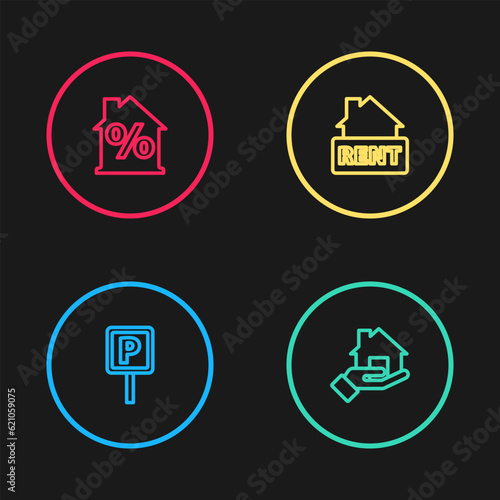 Set line Parking, Realtor, Hanging sign with Rent and House percant discount icon. Vector