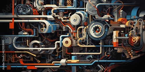 A workshop at the factory filled with various steampunk-style mechanisms and pipes, showcasing a fusion of retro-futuristic aesthetics and industrial charm. Generative AI