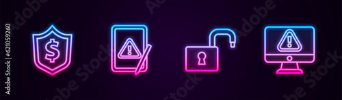 Set line Shield with dollar, Tablet exclamation mark, Open padlock and Monitor. Glowing neon icon. Vector
