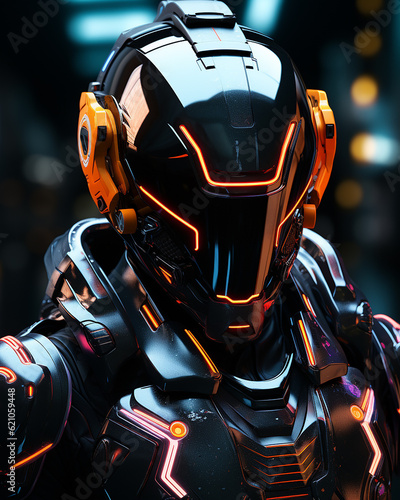 Portrait of futuristic humanoid wearing bionic armor with neon glowing  and modern helmet plus tech visor. Cyberspace Augmented Reality, futuristic vision.  Generative AI.  © Marc