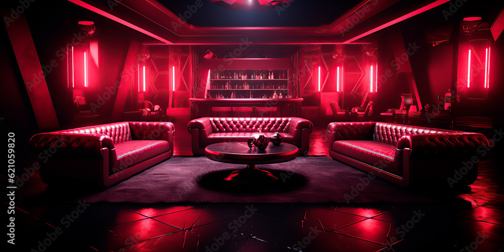 VIP room in a night elite club in red tones - obrazy, fototapety, plakaty 