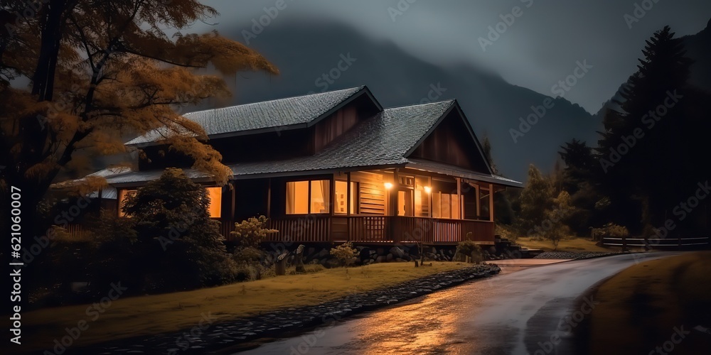 AI Generated. AI Generative. Dark nigh luxury house close to the road. Countryside farm outdoor nature scary vibe. Graphic Art