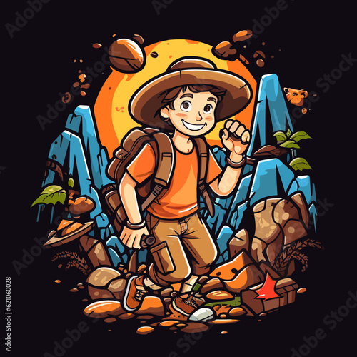 Young adventurer on a trip in the wild. Cartoon vector illustration.
