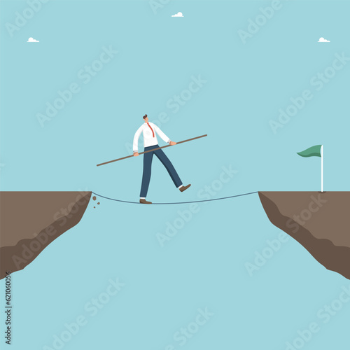 Move on the right business strategy, search for new opportunities, direction to achieve goals and solve problems, plan for further business development, a man walks a tightrope over a cliff.