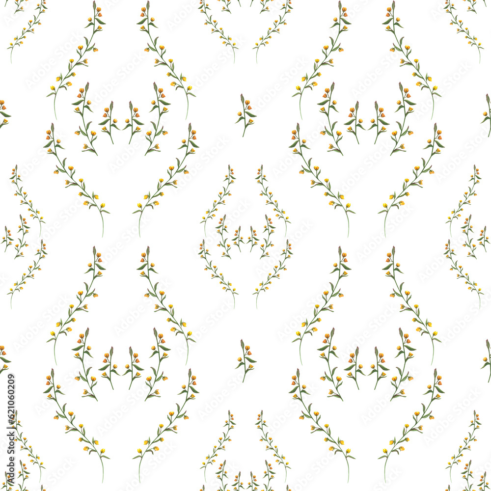 Graceful seamless ornament with yellow meadow flowers. Watercolor floral pattern . Abstract ornate isolated on transparent background. Print for fabric, textile, scrapbooking, wrapping, fashion.