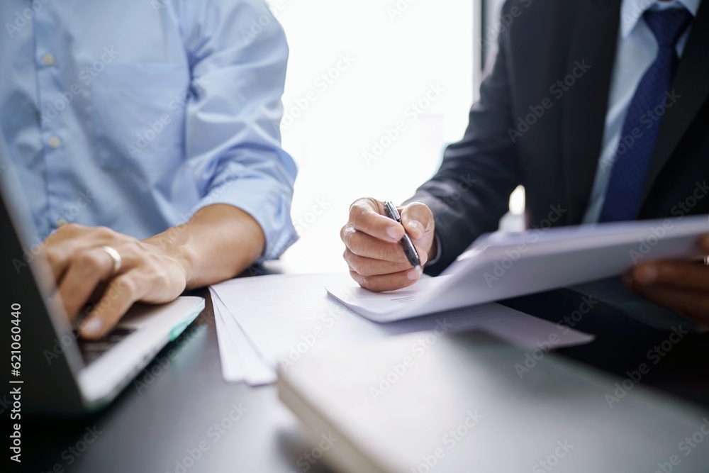 Murais de parede Lawyer Legal counsel presents to the client a signed contract with gavel and legal law