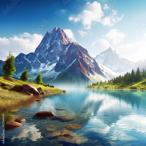 beautiful landscape mountain range with a river and a cloudy sky © innluga