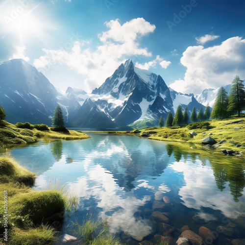 mountain range with a lake and a cloudy sky
