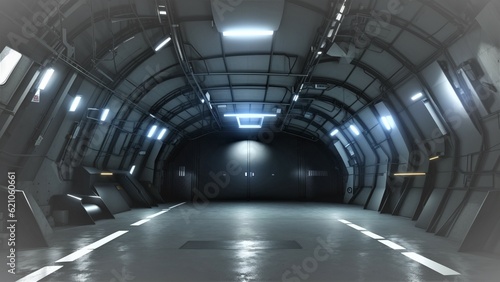 Dark Futuristic Modern Garage Showroom Tunnel Corridor. Entrance 3D image