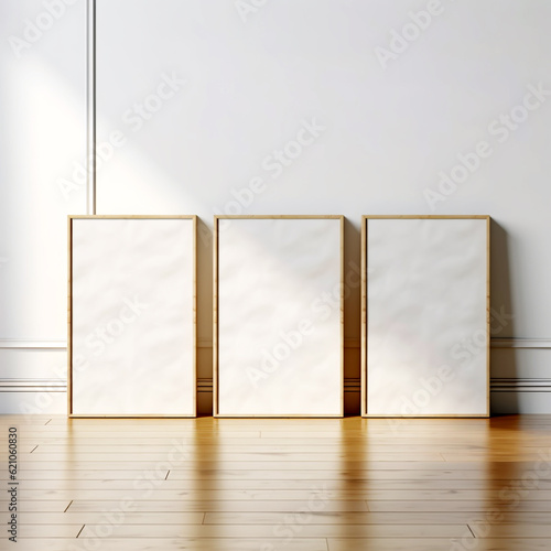 Set of 3 poster frame mockup standing on wooden floor  minimalist interior design  3d rendering  realistic wall art templates