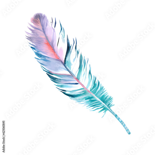 Vector watercolor colorful blue and pink feather isolated on white background