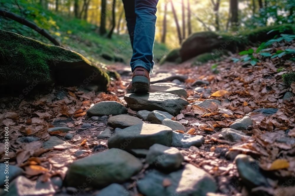 Close up a person's feet walking on rocks, Walking on a trail in the woods, Travel Concept. AI Generative