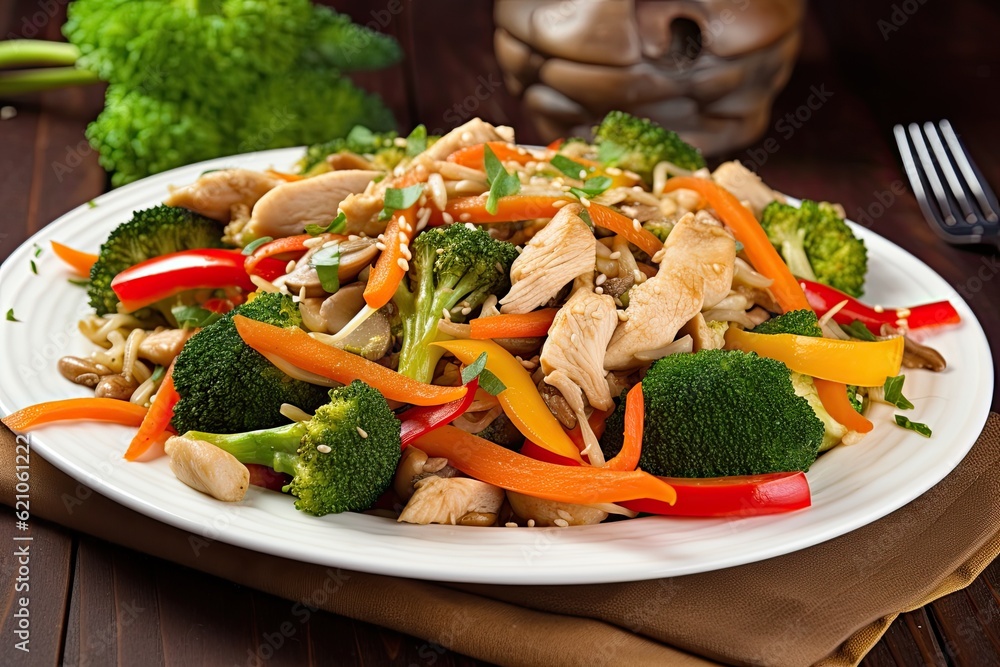 Φωτογραφία plate of sizzling stir-fry with mix of vegetables and protein, created with gene
