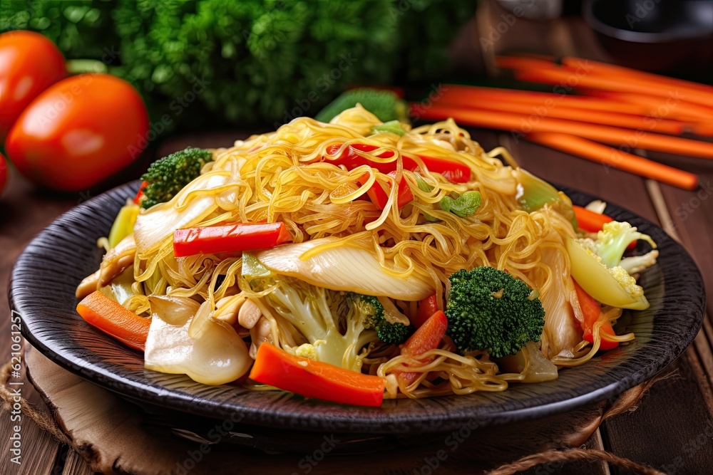 plate of stir-fried vegetables and noodles in asian style, created with generative ai plate of stir-fried vegetables and noodles in asian style, created with generative ai