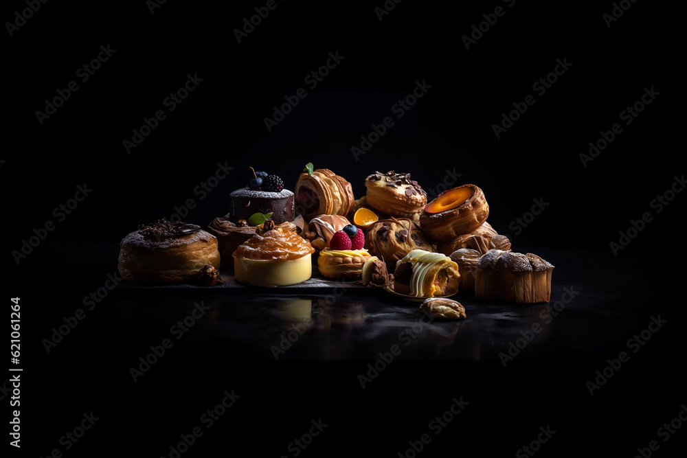 an assortment of pastries on a shiny surface with a black background, insane details, AI generated art, Generative AI, illustration, an assortment of pastries on a shiny surface with a black background, insane details, AI generated art, Generative AI, illustration,