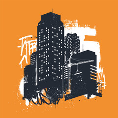 Acrylglasbilder Graffiti Dark silhouette of modern city skyscrapers with grunge graffiti texture and paint stains. Atmospheric cityscape vector illustration. Ideal for wall decor, t-shirt print, poster, music cover, etc.  © alexandertrou