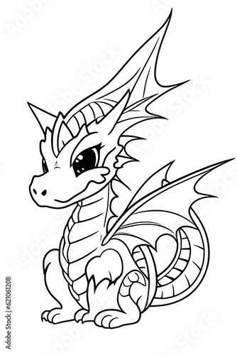 cute kind dragon, coloring book for children, black and white illustration, generative ai 