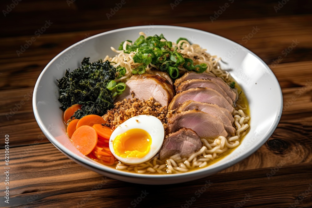 Φωτογραφία plate of piping hot ramen, topped with flavorful mix of meats and vegetables, cr