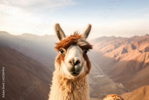 Mountain range in the backdrop as seen from the top of a brown and white llama. focusing only on the llamas most intriguing characteristics