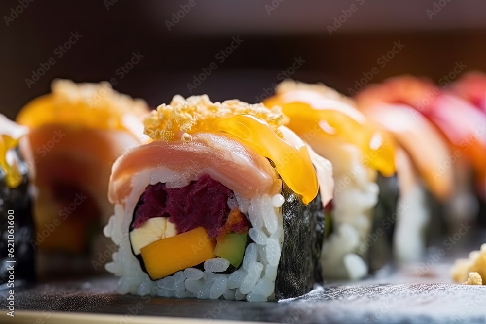 Φωτογραφία close-up of fresh sushi roll with warm rice and colorful fish, created with gene