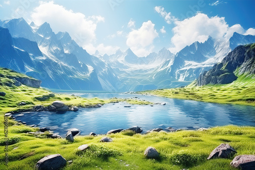 beautiful landscape mountain range with a lake and a cloudy sky