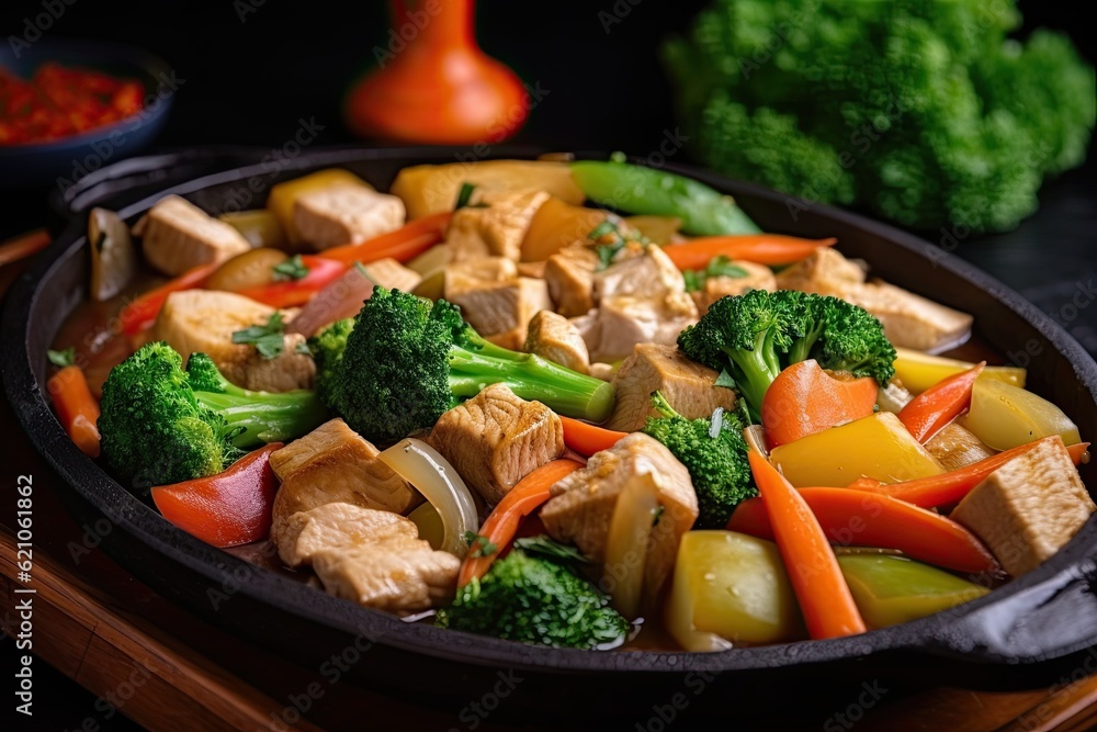 Φωτογραφία tray of sizzling stir-fry with vegetables, tofu and meat, created with generativ