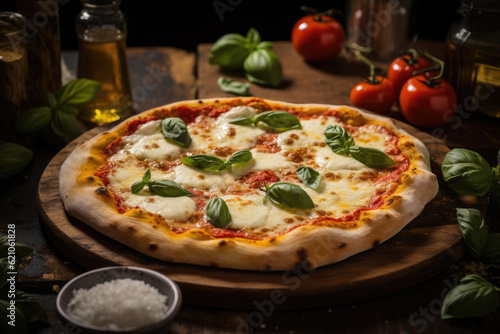 Homemade traditional fresh margarita pizza on rustic wooden table