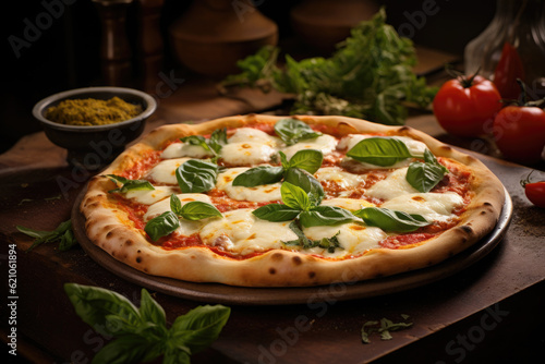 Homemade traditional fresh margarita pizza on rustic wooden table photo