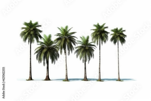 palm and coconut trees On a white backdrop, an isolated collection of trees. Over the summer, large trees with gigantic trunks grow.