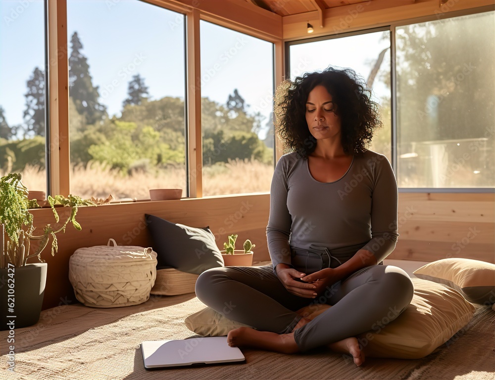 Black woman sitting in room meditating Black woman sitting in room meditating