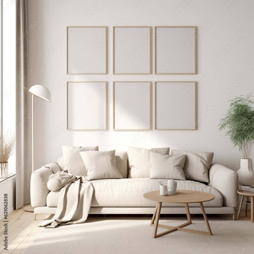 Set of 6 frame mockups, boho interior design living room, mockups for picture gallery, 3d render, minimalist frames Set of 6 frame mockups, boho interior design living room, mockups for picture gallery, 3d render, minimalist frames