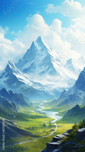 beautiful landscape mountain range with a river and a cloudy sky, illustration