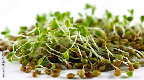 Green lentil sprouts on a white background in a macro food photo. Puy lentils are another name for green lentil sprouts in France. healthy microgreen Lens esculenta puyensis seedlings and young plants photo