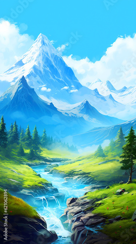 beautiful landscape mountain range with a river and a cloudy sky, illustration © innluga
