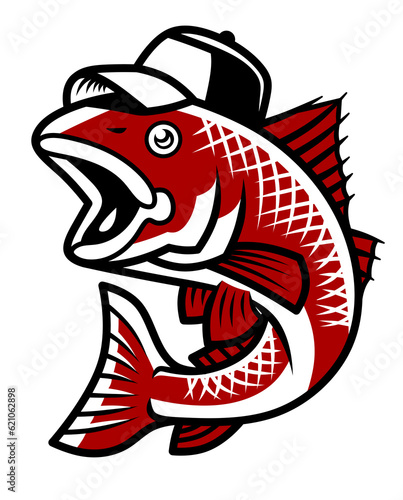 Isolated fishing logo. The red fish jumps out with its mouth open. Fisherman emblem. Emblem for a fisherman or fishing gear. Fishing hobby, caught trophy fish. photo