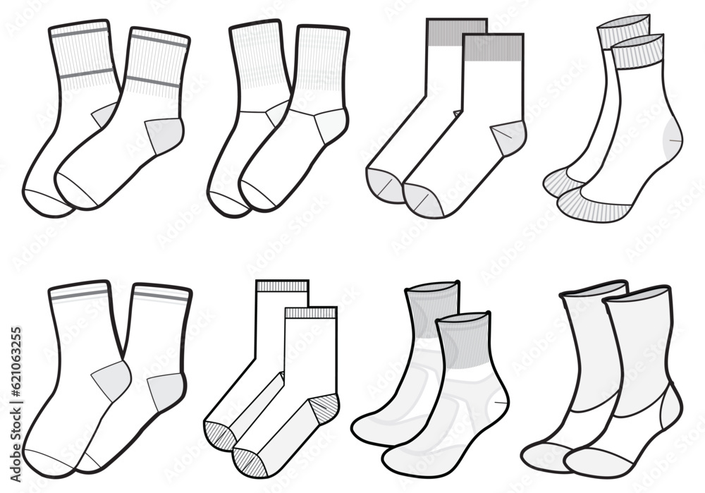 Set of Mid Calf length Socks flat sketch fashion illustration drawing  template mock up, Calf length socks cad drawing for unisex men's and  women's, Quarter crew socks design drawing Stock Vector