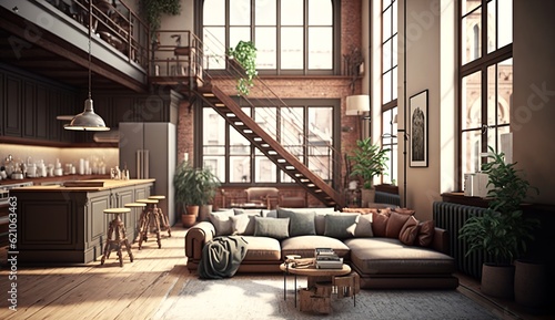 elegant living room of a beautiful loft apartment with large windows
