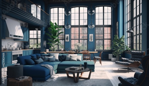 elegant living room of a beautiful loft apartment with large windows © Sndor