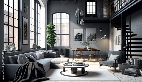 elegant living room of a beautiful loft apartment with large windows