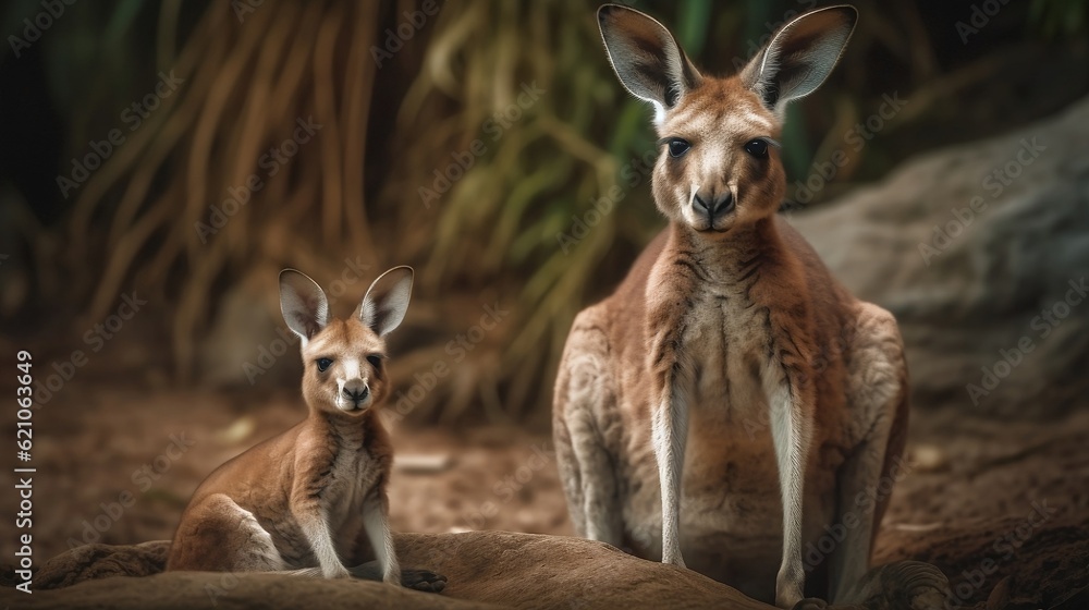 Kangaroo mother with baby joey. Generative AI 