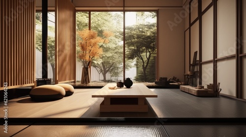 Modern Japanese style interior made of wood, with imaginative solutions. Generative AI Technology  © Dniel