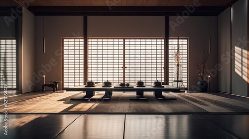 Modern Japanese style interior made of wood, with imaginative solutions. Generative AI Technology 