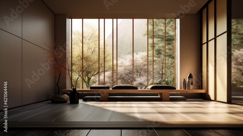 Modern Japanese style interior made of wood  with imaginative solutions. Generative AI Technology 