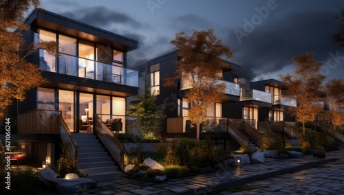 contemporary townhouse at night with lots of lighting and landscaping Generative AI