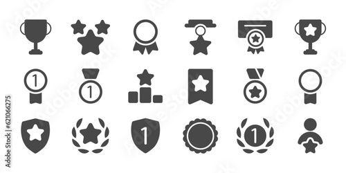 Set with award, award with number 1, one, trophy cup, trophy cup with star, winner medal, trophy star, user with rating vector icon 