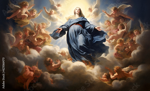 Fotografia, Obraz Assumption of Virgin Mary in heaven. Generative Ai