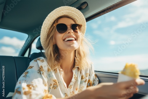 Happy woman enjoying summer vacation on road trip, AI Generative © dark_blade